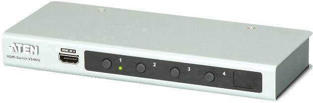 Silberner HDMI-Switch mit vier Anschlüssen und Tasten zur Eingangswahl. Markenname 'ATEN' rechts oben aufgedruckt.