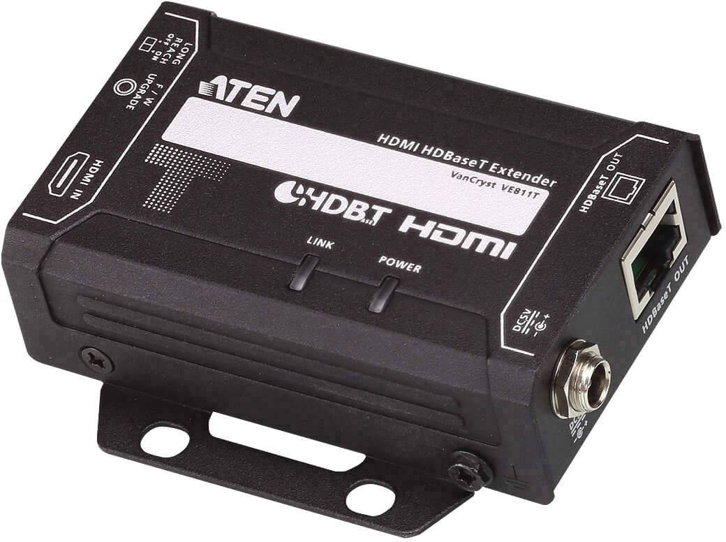Ein HDMI HDBaseT Extender von ATEN mit Anschlüssen für HDMI und Netzwerk. Gerät zeigt Status-LEDs und hat eine Metallhalterung.