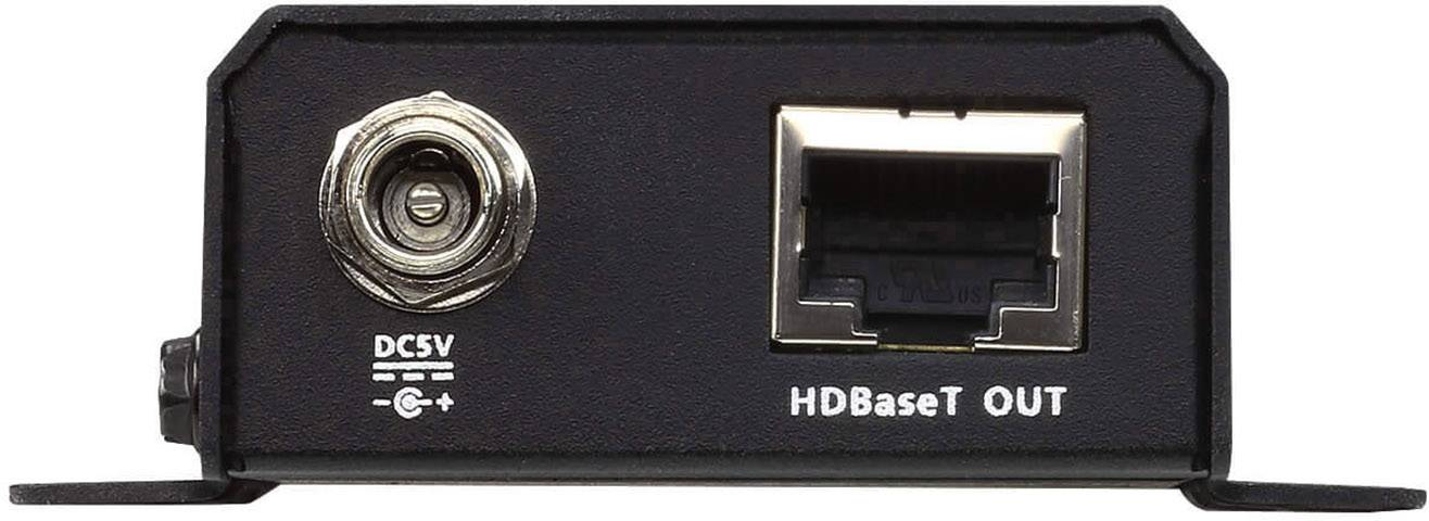 Ein schwarzer HDBaseT-Adapter zeigt auf der Vorderseite einen DC 5V-Anschluss und einen Ethernet-Ausgangsanschluss mit der Aufschrift 'HDBaseT OUT'.