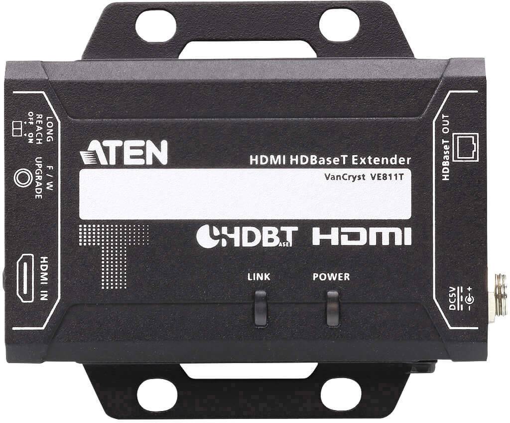 Schwarzer HDMI HDBaseT Extender mit mehreren Anschlüssen und LED-Anzeigen für Link und Power, markiert mit ATEN und HDBaseT-Logo.