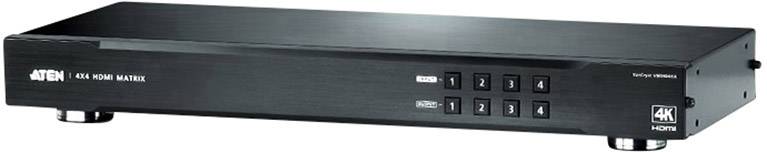 Ein schwarzer 4K HDMI-Matrix-Umschalter mit vier Eingangs- und vier Ausgangstasten auf der Vorderseite, geeignet für Videoverteilung.