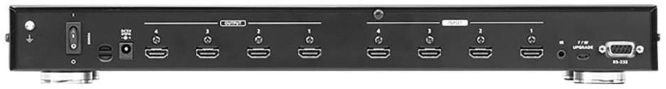 Rückseite eines HDMI-Switches mit mehreren HDMI-Ein- und Ausgängen sowie Netzschalter, USB- und Kopfhöreranschlüssen.