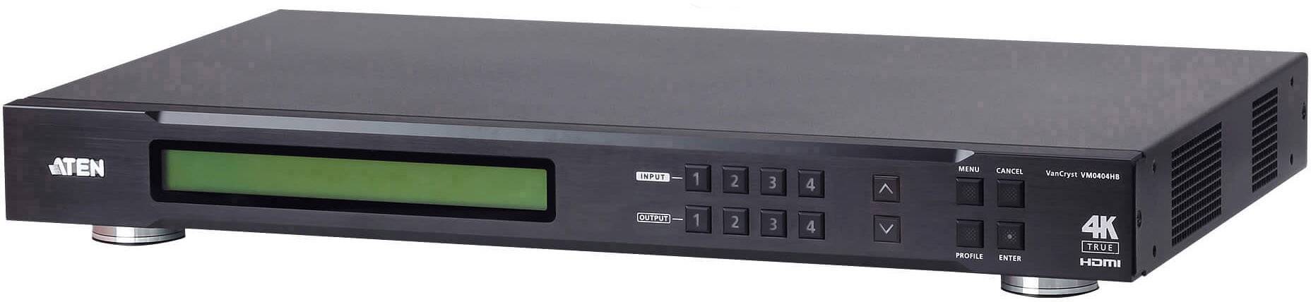 Ein schwarzer 4K-HDMI-Switch mit mehreren Bedientasten und einem Display an der Vorderseite.