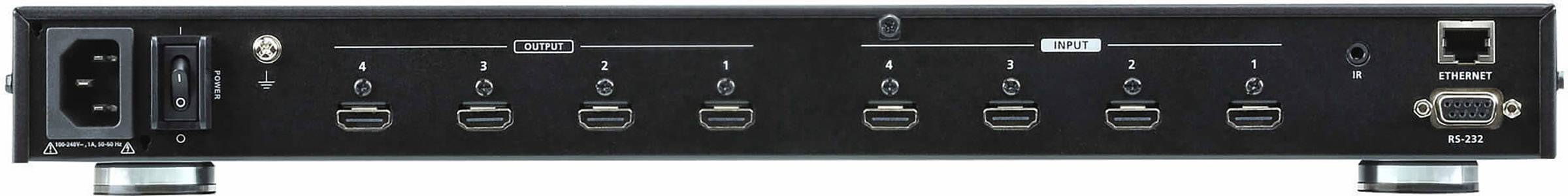 Rückseite eines elektronischen Geräts mit Stromanschluss, sechs HDMI-Anschlüssen, einem Netzwerkanschluss und einem VGA-Anschluss.