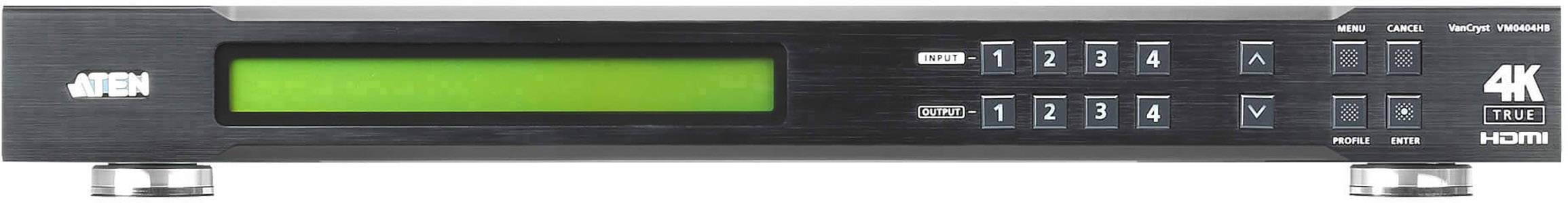 'ATEN 4K HDMI Matrix Switch' mit 4 Eingängen, 4 Ausgängen und grüner Anzeigeleiste. Tasten zur Steuerung sind vorne sichtbar.