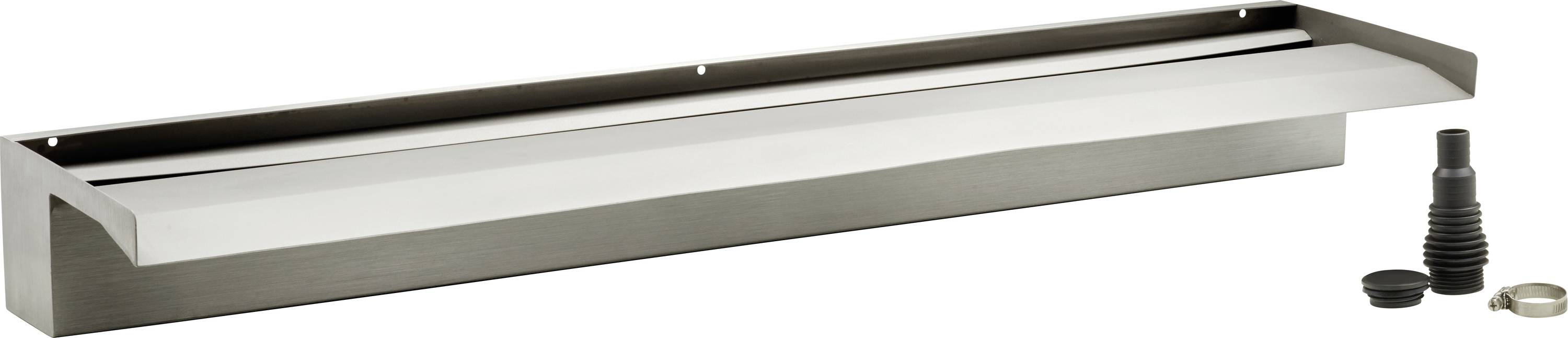 Eine Edelstahl-Wasserfallüberlaufrinne mit rechteckiger Langform und schwarzen Zubehörteilen, konzipiert für Wasserspiele.