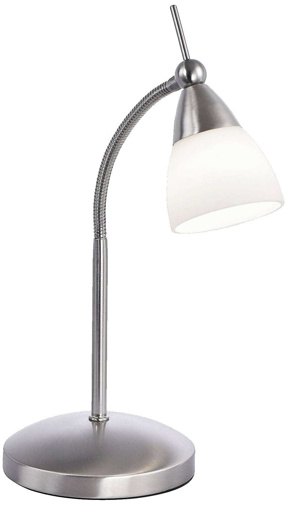 Eine moderne Tischlampe aus Metall mit gebogenem Hals und weißem Lampenschirm. Ideal für Schreibtische oder Nachttische.