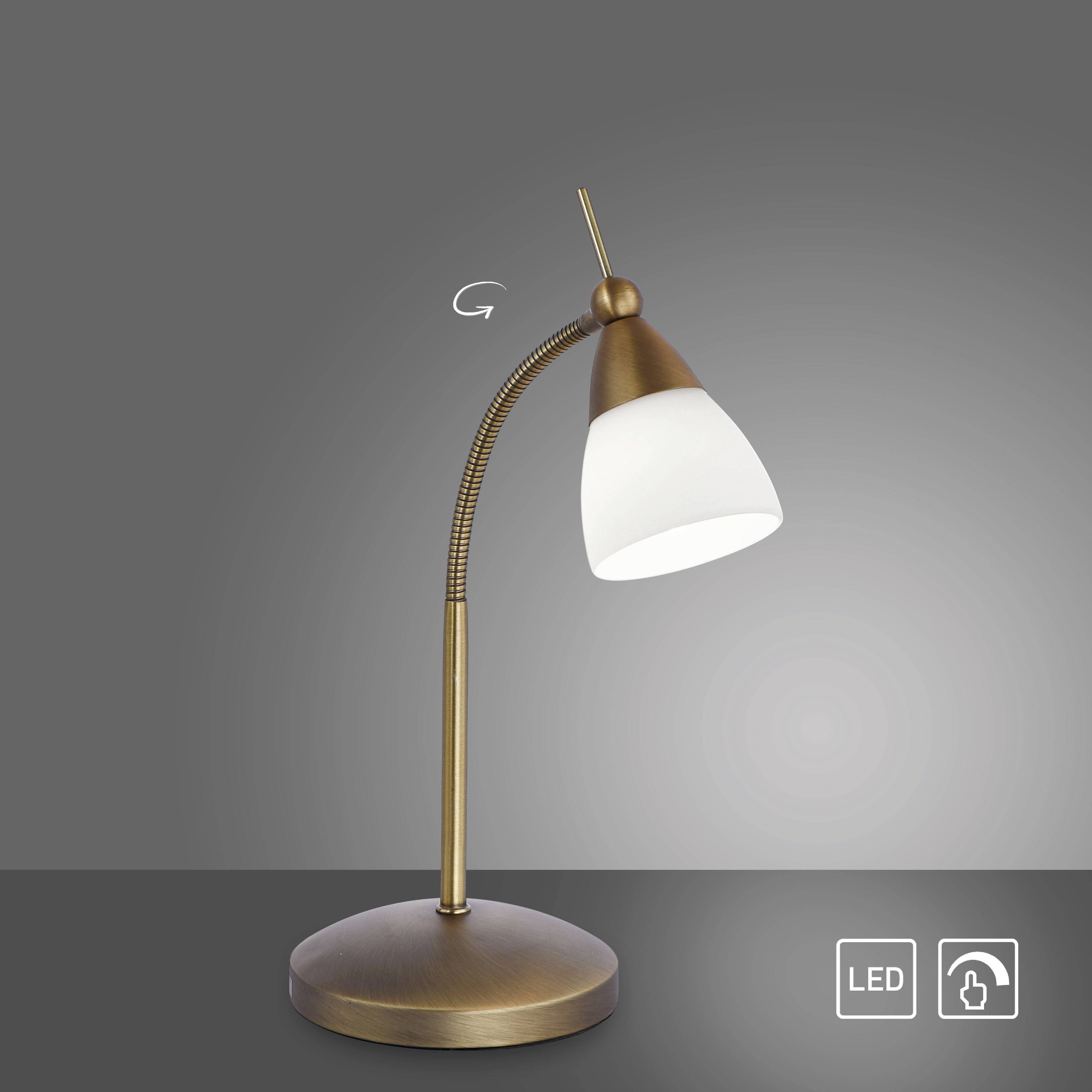 Tischlampe aus Metall mit flexiblem Hals und weißem Schirm. Integrierte LED-Leuchte.