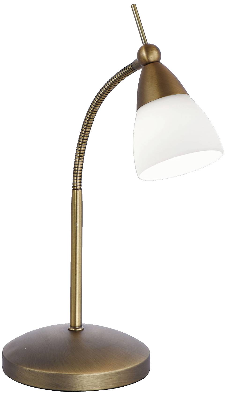 Eine bronzene Tischlampe mit flexiblem Hals und weißem Lampenschirm, stehend auf einem runden Sockel.