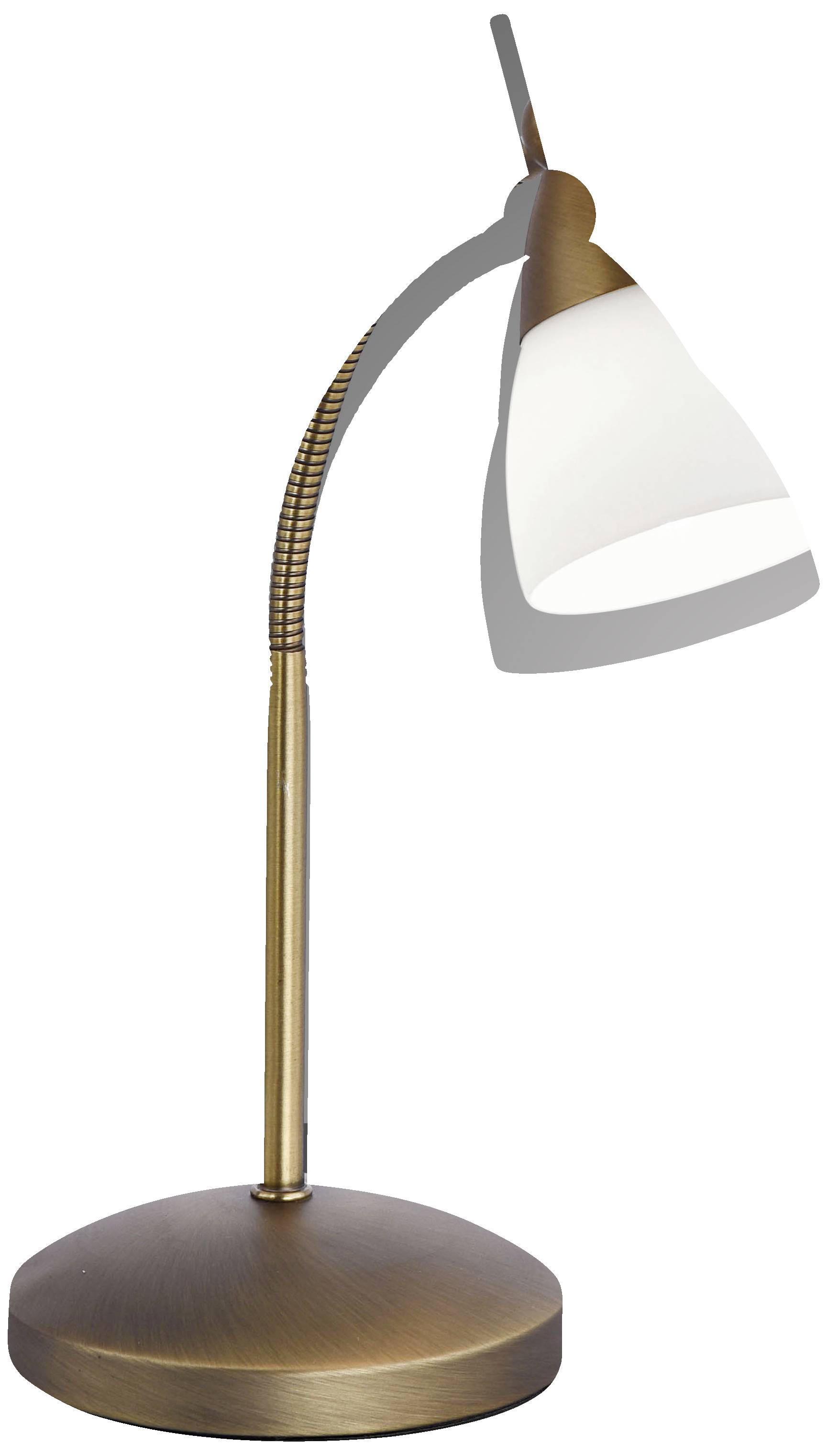 Eine messingfarbene Tischlampe mit gebogenem Hals und weißem Lampenschirm. Ideal für Schreibtischbeleuchtung.