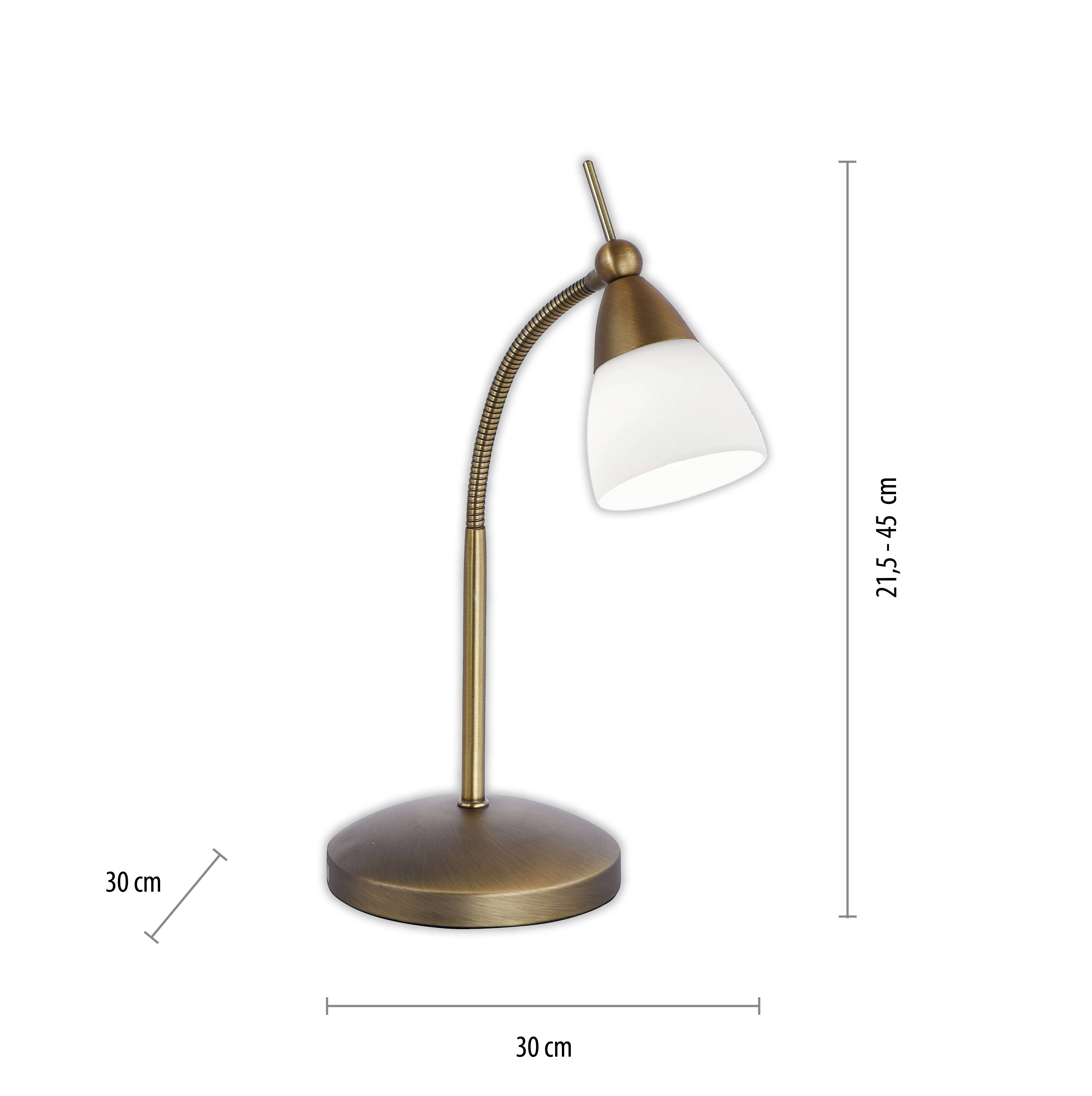 Tischlampe aus Metall mit weißem Schirm, höhenverstellbar von 21,5 bis 45 cm. Basisdurchmesser 30 cm, Gesamttiefe ebenfalls 30 cm.