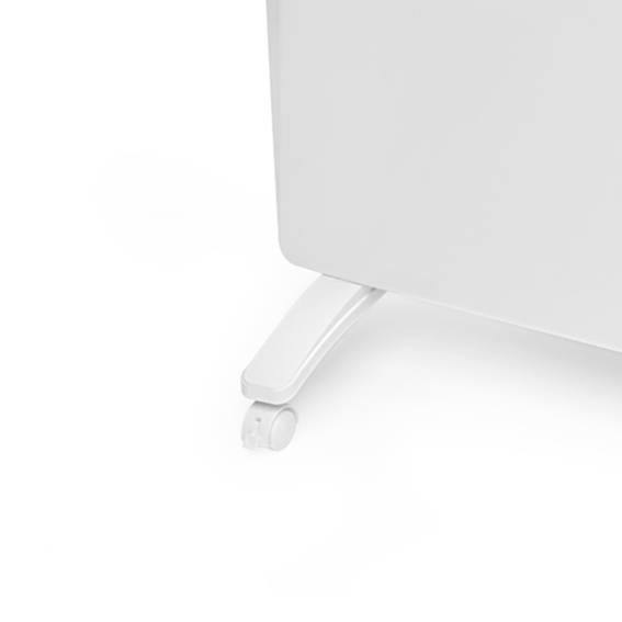 Ein weißes Möbelstück mit einer Metallstütze und Rollen an der Unterseite.