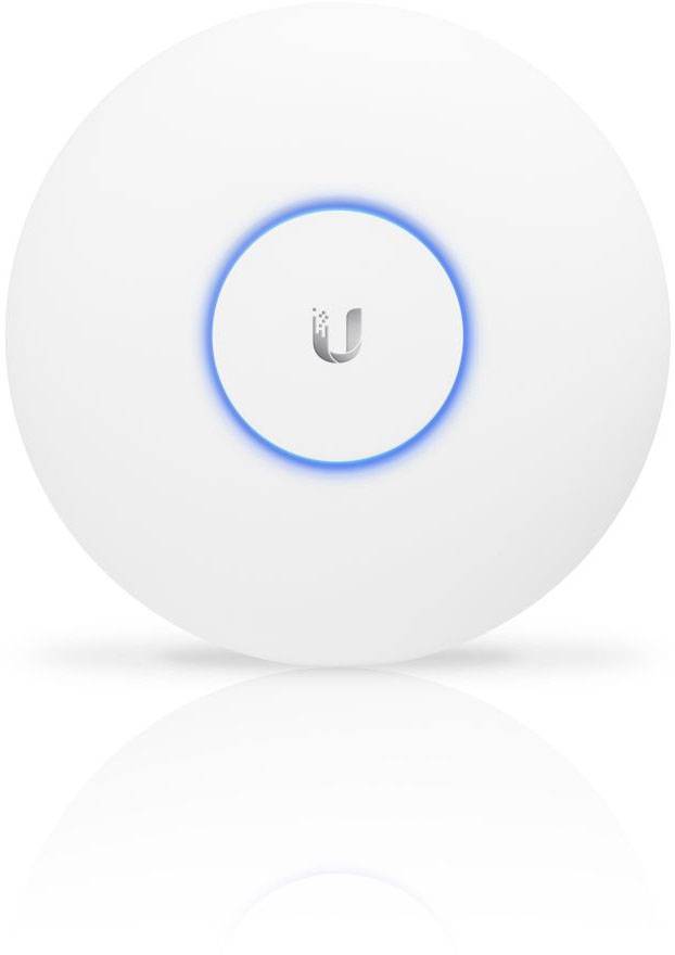 Weißer, runder WLAN-Router mit blauem LED-Ring und einem 'U'-Logo in der Mitte auf weißem Hintergrund.