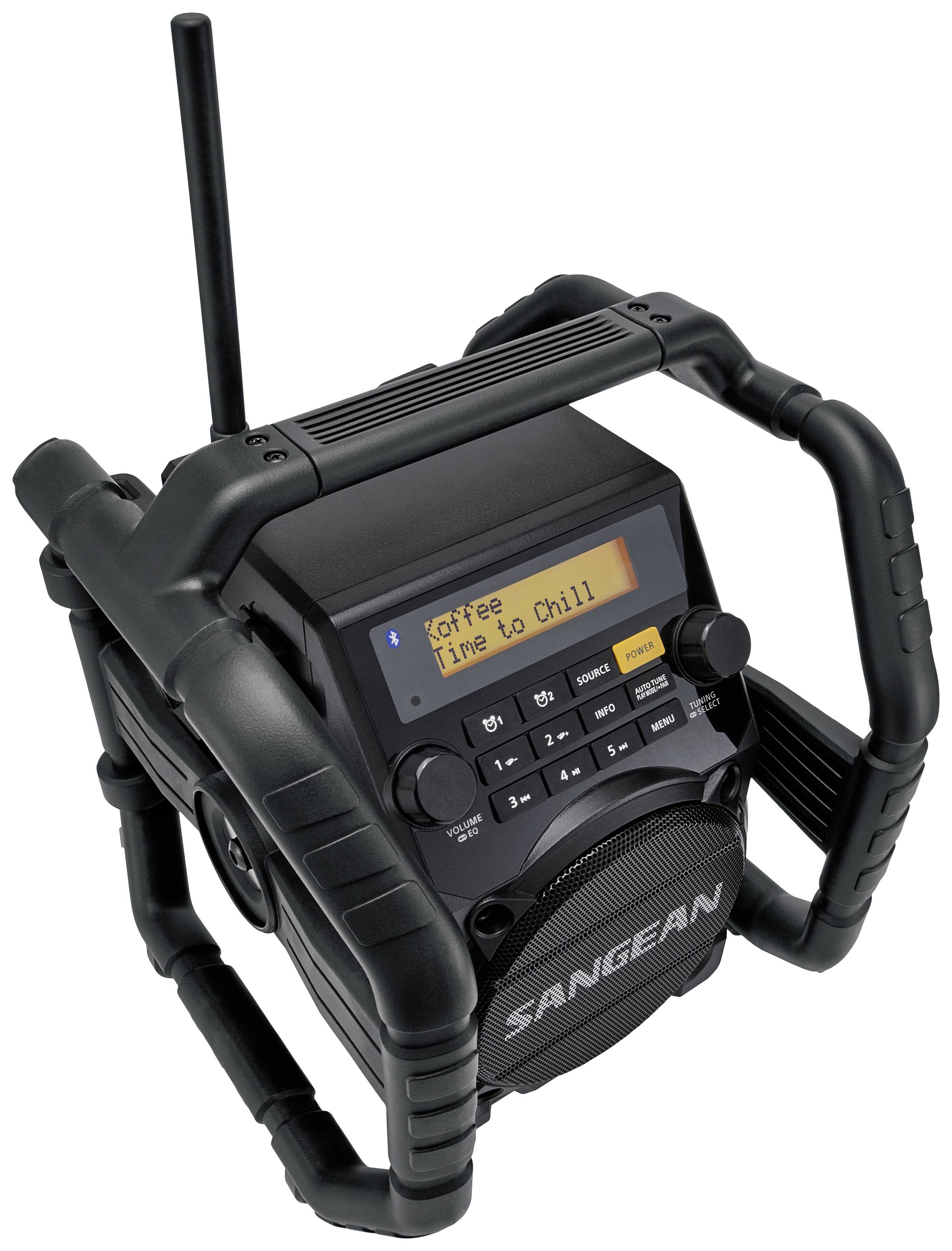 Tragbares Radio mit Schutzrahmen, Antenne, Lautsprecher und Display, das den Text 'Coffee Time to Chill' anzeigt.