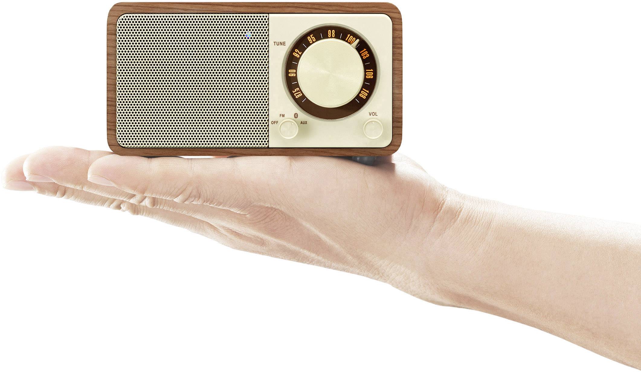Kleine, traditionelle Tischradio mit Holzrahmen auf ausgestreckter Hand, zeigt einen minimalistischen Retro-Design-Stil.