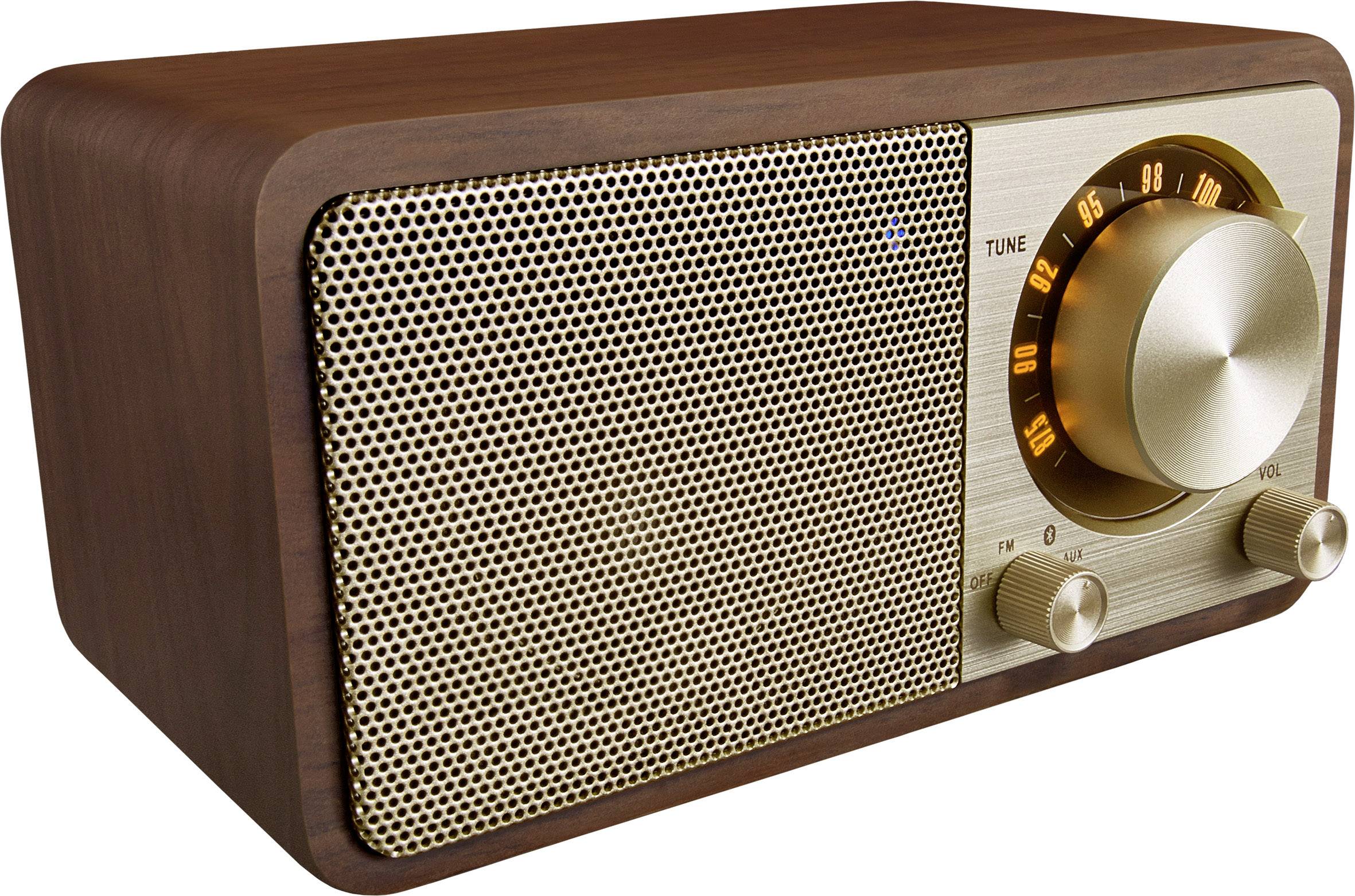 Holzradio mit Frontgitter und goldenen Knöpfen, zeigt Retrodesign und Vintage-Stil. Links der Lautsprecher, rechts Tuningknopf.