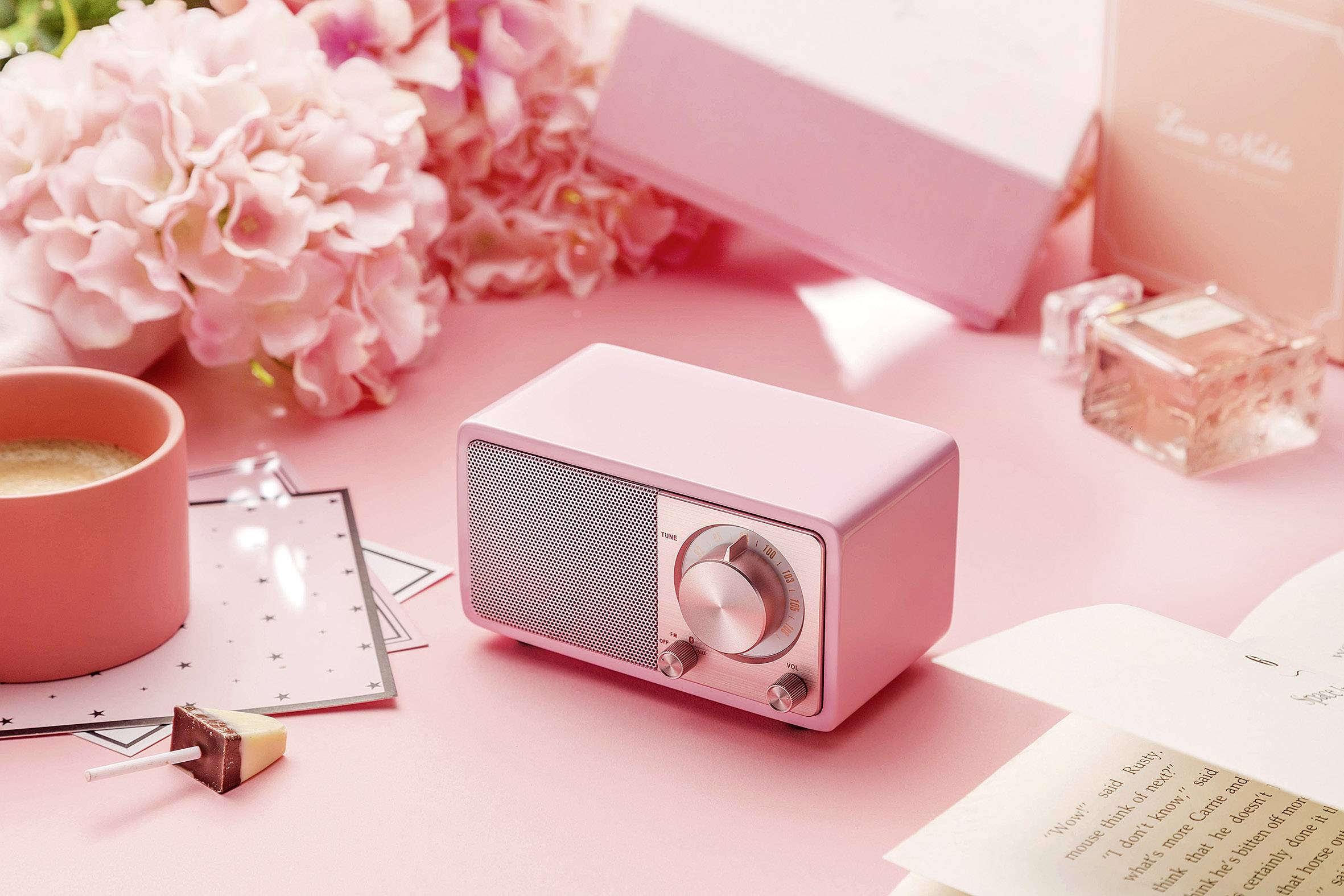 Ein kleines rosa Radio liegt auf einem Tisch, umgeben von Blumen, einer Tasse Kaffee und einem geöffneten Buch.