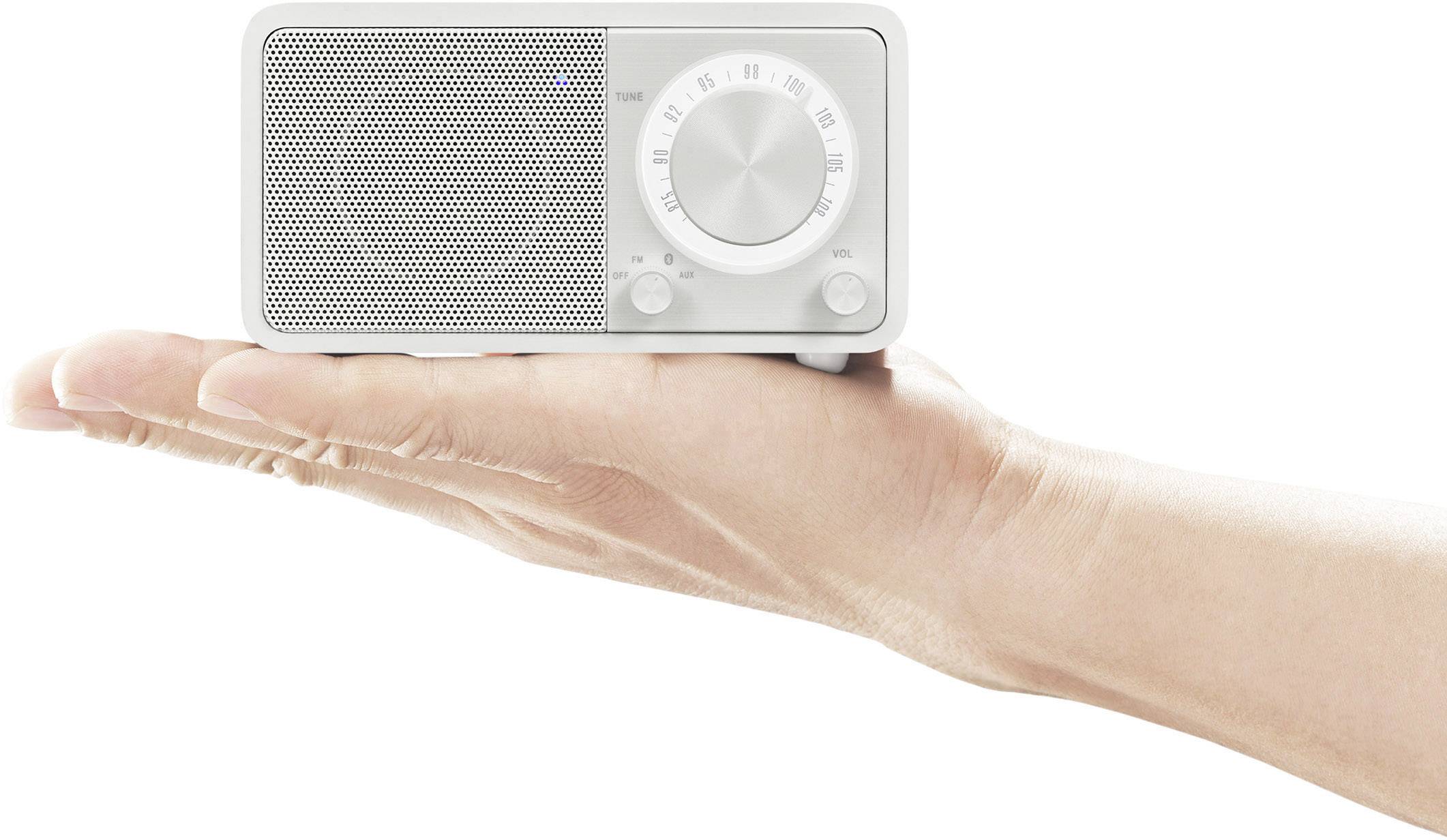 Eine Hand hält ein kleines, silbernes Radio mit Drehknöpfen, das den Eindruck von Tragbarkeit und minimalistischer Eleganz vermittelt.