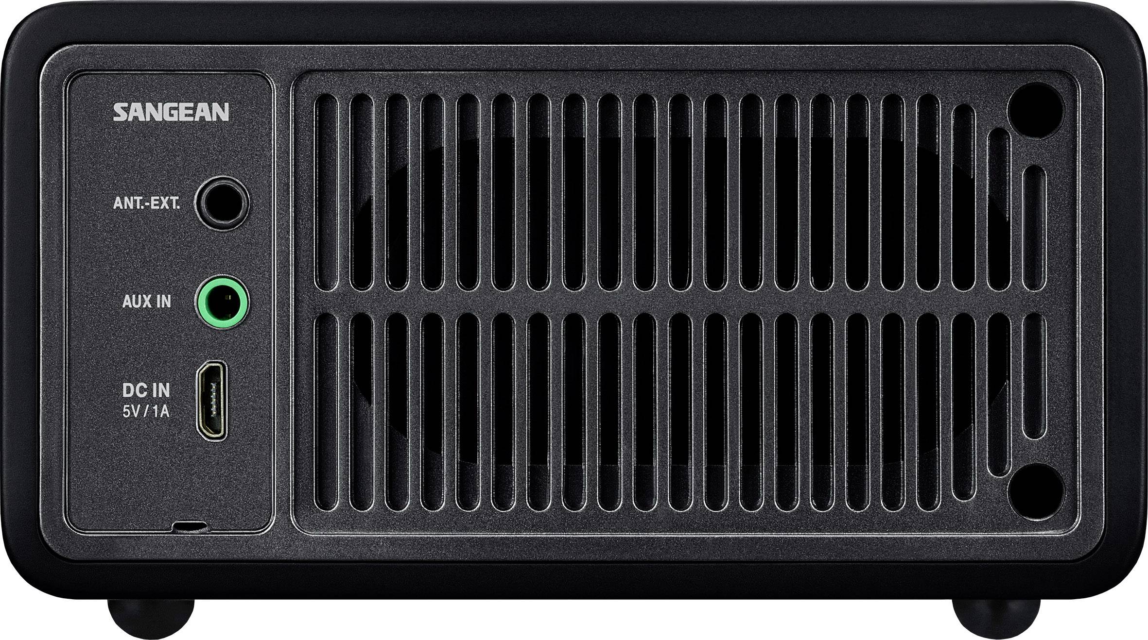 Schwarzer Sangean-Lautsprecher mit Lüftungsgittern. Anschlüsse für Antenne, AUX-Eingang und Stromversorgung sichtbar.