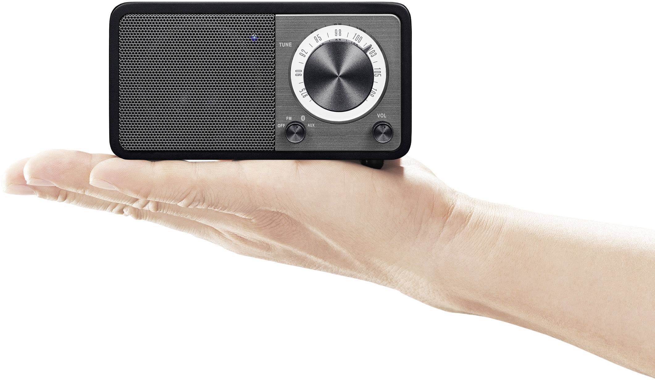 Eine Hand hält einen kleinen, tragbaren Lautsprecher mit einem silbernen Drehknopf und Lautstärkeregler.