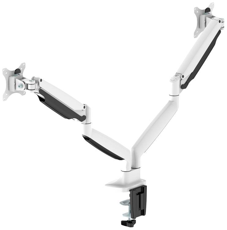 Ein weißer, verstellbarer Monitorarmhalter mit zwei Armen zur Befestigung von Bildschirmen, bietet flexible Positionierung auf einem Schreibtisch.
