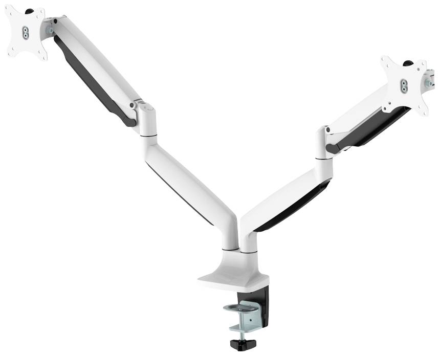 Zweiarmiger Monitorhalter in Weiß mit schwarz-grauen Akzenten, an einem Tisch befestigt, für flexible Bildschirmplatzierungen.