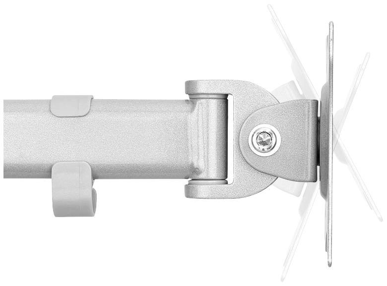 Silberner Gelenkarm für Monitore mit Schraubverbindung. Wandmontage, ermöglicht flexible Neigung und Bewegung für optimale Ausrichtung.