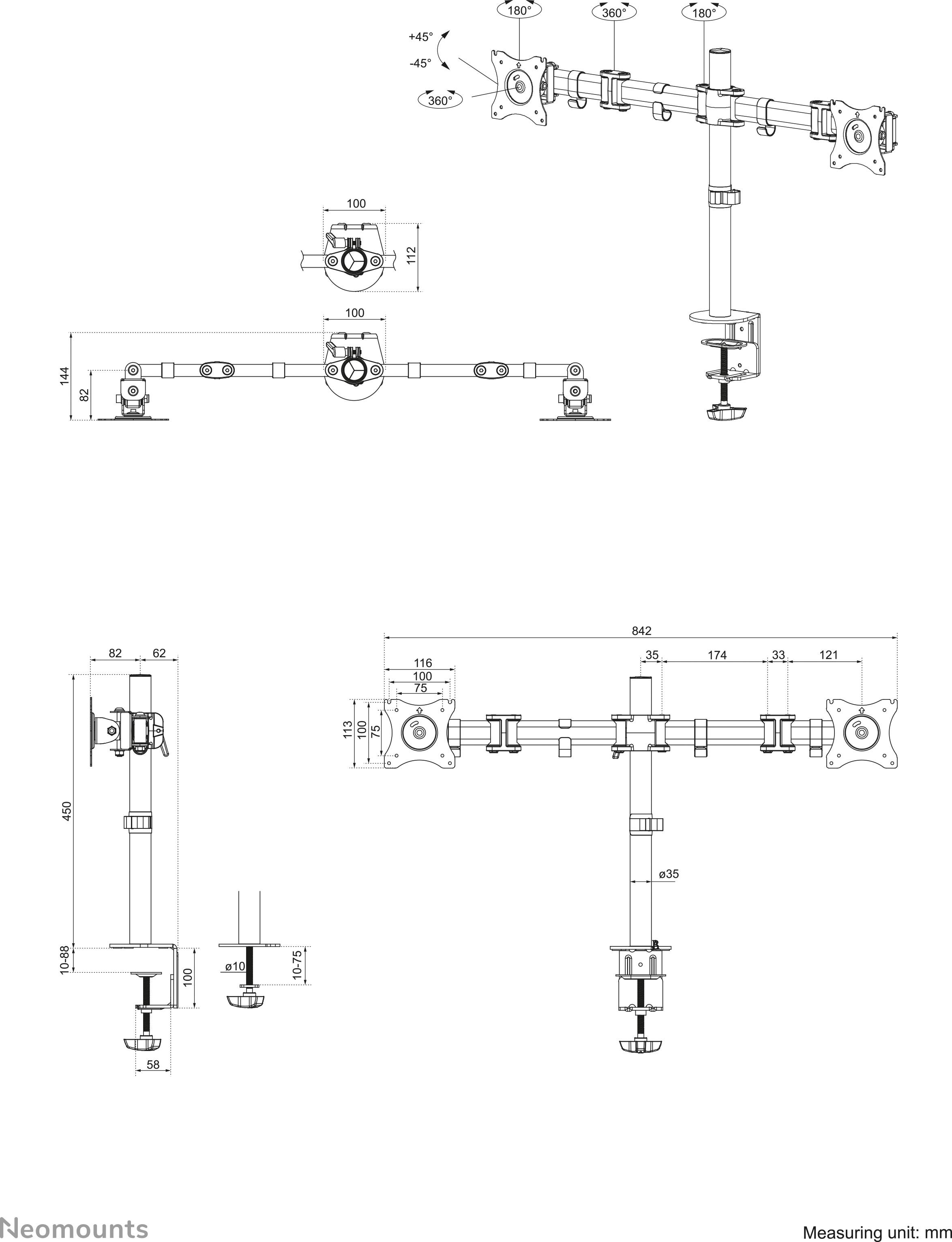 Neomounts NM-D135DSILVER 2fach Monitor-Tischhalterung 25,4cm (10") - 76,2cm (30") Neigbar, Schwenkbar Silber