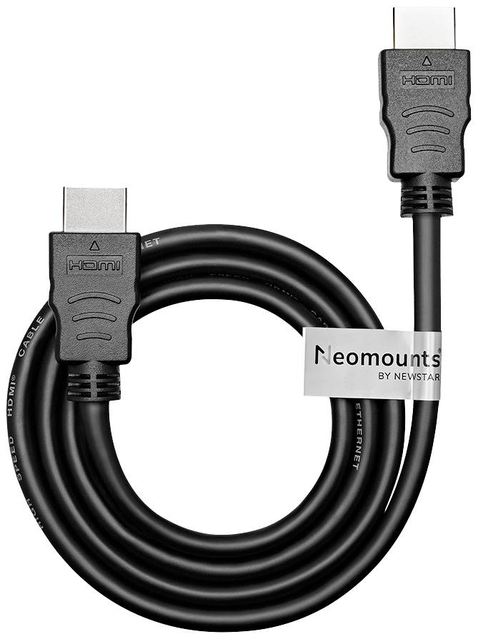 Ein schwarzes HDMI-Kabel mit einer weißen Banderole mit der Aufschrift 'Neomounts by Newstar'.