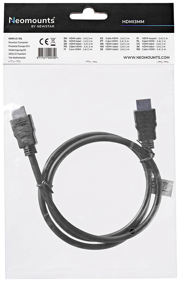 Neomounts HDMI-Kabel, 1,8 m, in Originalverpackung, geeignet für Monitore und Projektoren, zeigt Produktinformationen und Abmessungen.