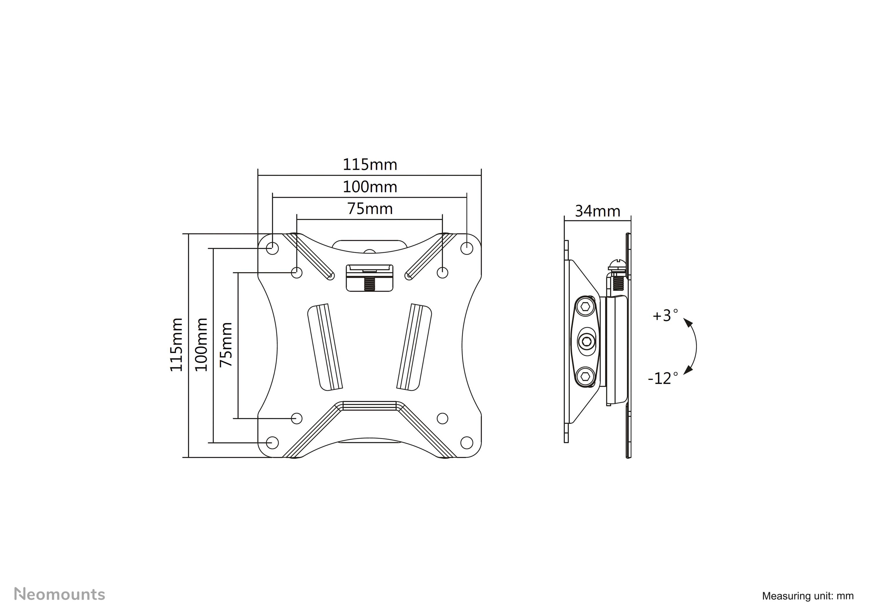 Skizze einer Montagehalterung mit Maßen: 115mm Breite, 100mm Höhe, Neigungswinkel +3° bis -12°. Maßeinheit: mm. Seitenansicht zeigt Tiefe von 34mm.