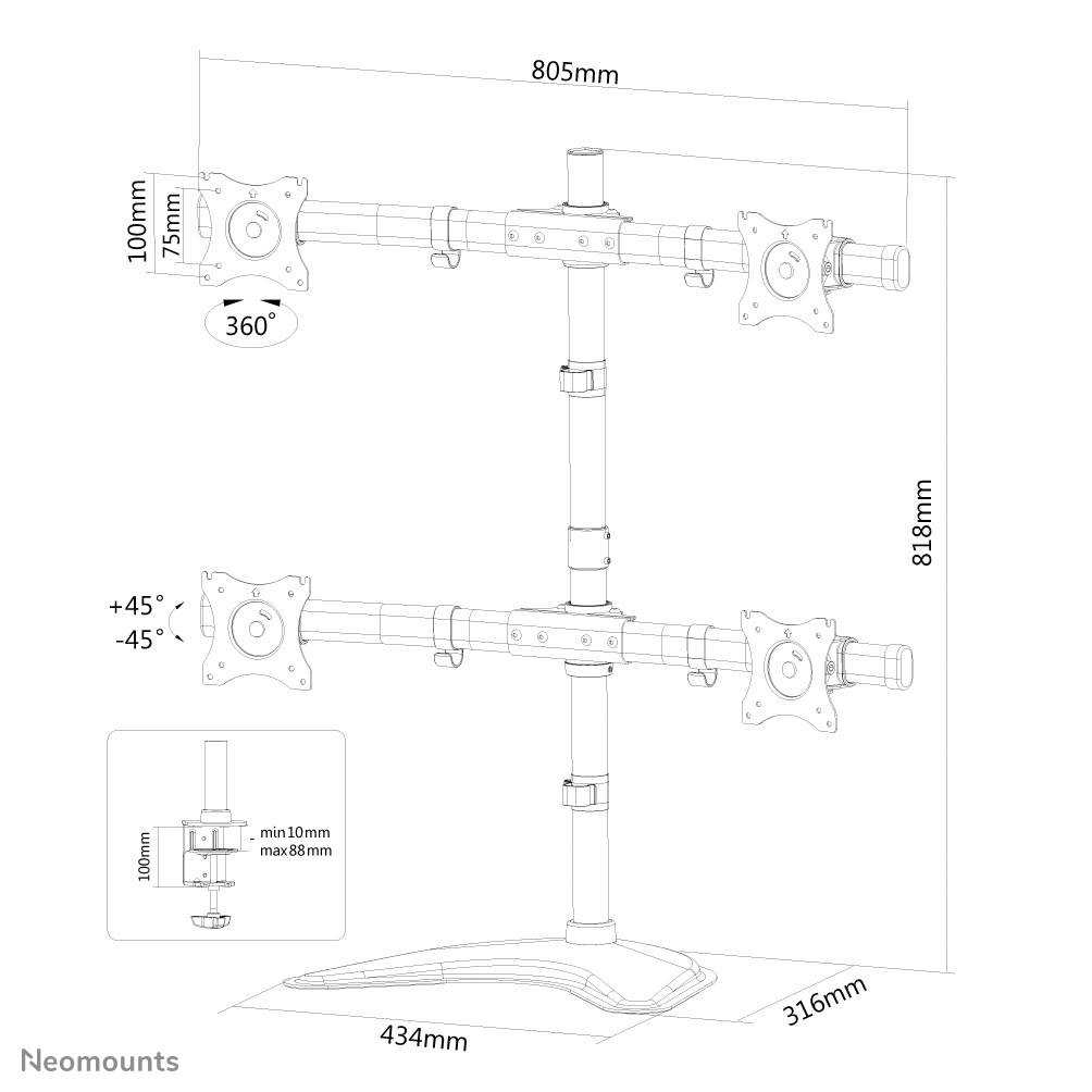 Monitorhalterung-Skizze: Vierfach-Halterung, justierbar (+/-45° Neigung, 360° Rotation), Maße: 805mm Breite, 818mm Höhe.