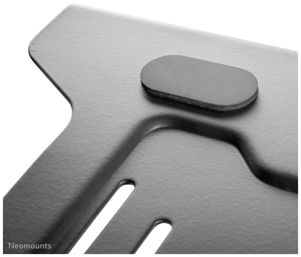 Eine schwarze, rechteckige Metallhalterung mit abgerundeten Kanten und einem ovalen, erhöhten Gummipolster oben.