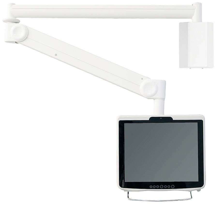 Ein weißer, verstellbarer Monitorarm mit montiertem Bildschirm, an der Wand befestigt. Der Bildschirm ist ausgeschaltet.