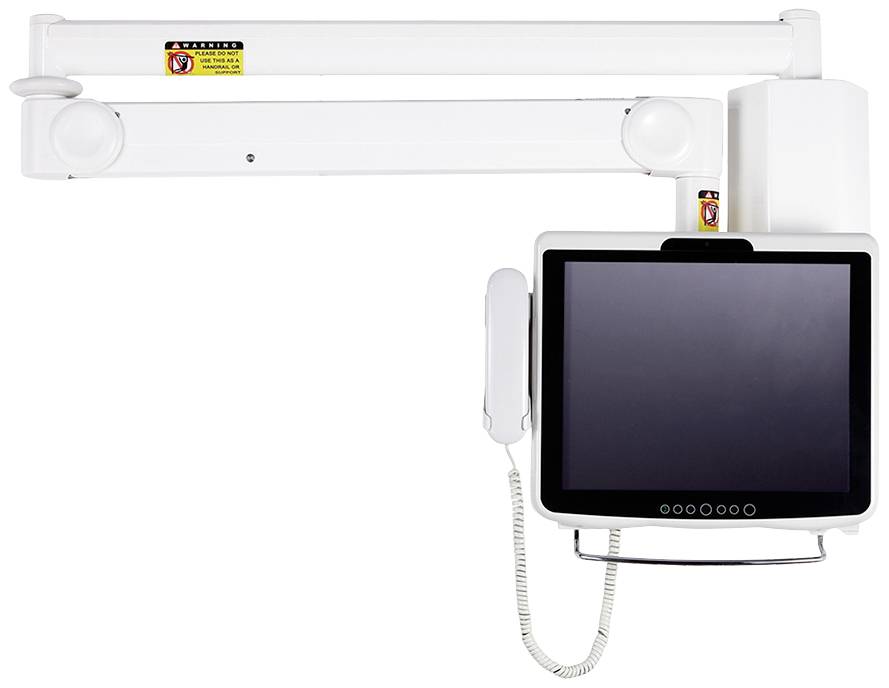 Ein weißer, an der Wand montierter medizinischer Monitor mit Telefonhörer, verbunden durch ein Gelenkarm-System.