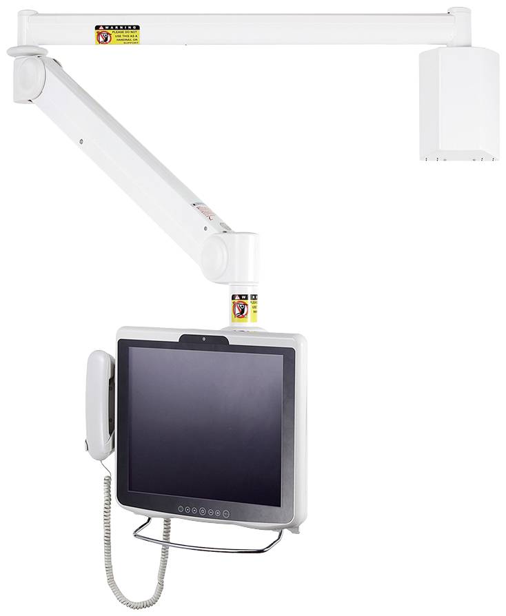 Wandmontierter Computerarm mit Bildschirm und Telefonhalterung. Der Arm ist höhenverstellbar und für medizinische Einrichtungen geeignet.