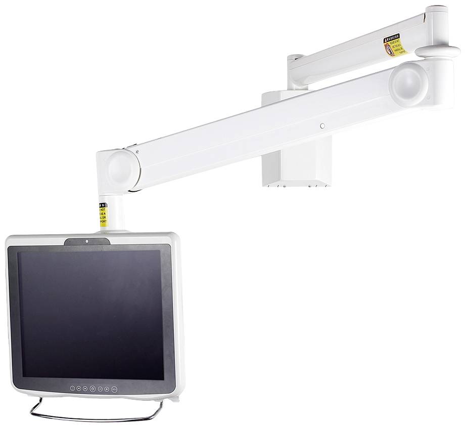 Ein weißer, verstellbarer Bildschirmhalter mit einem montierten schwarzen Monitor, geeignet für medizinische oder technische Anwendungen.