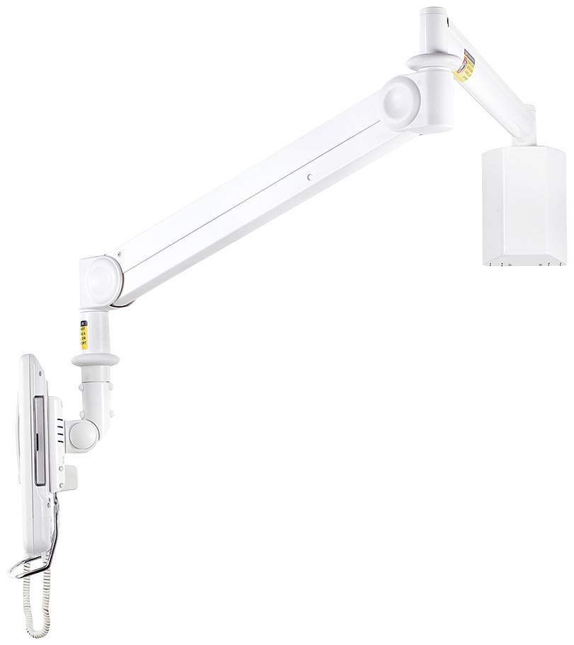 Ein weißer, verstellbarer Wandarm für medizinische Geräte mit montiertem Panel und Kabel, zur flexiblen Positionierung in Kliniken.