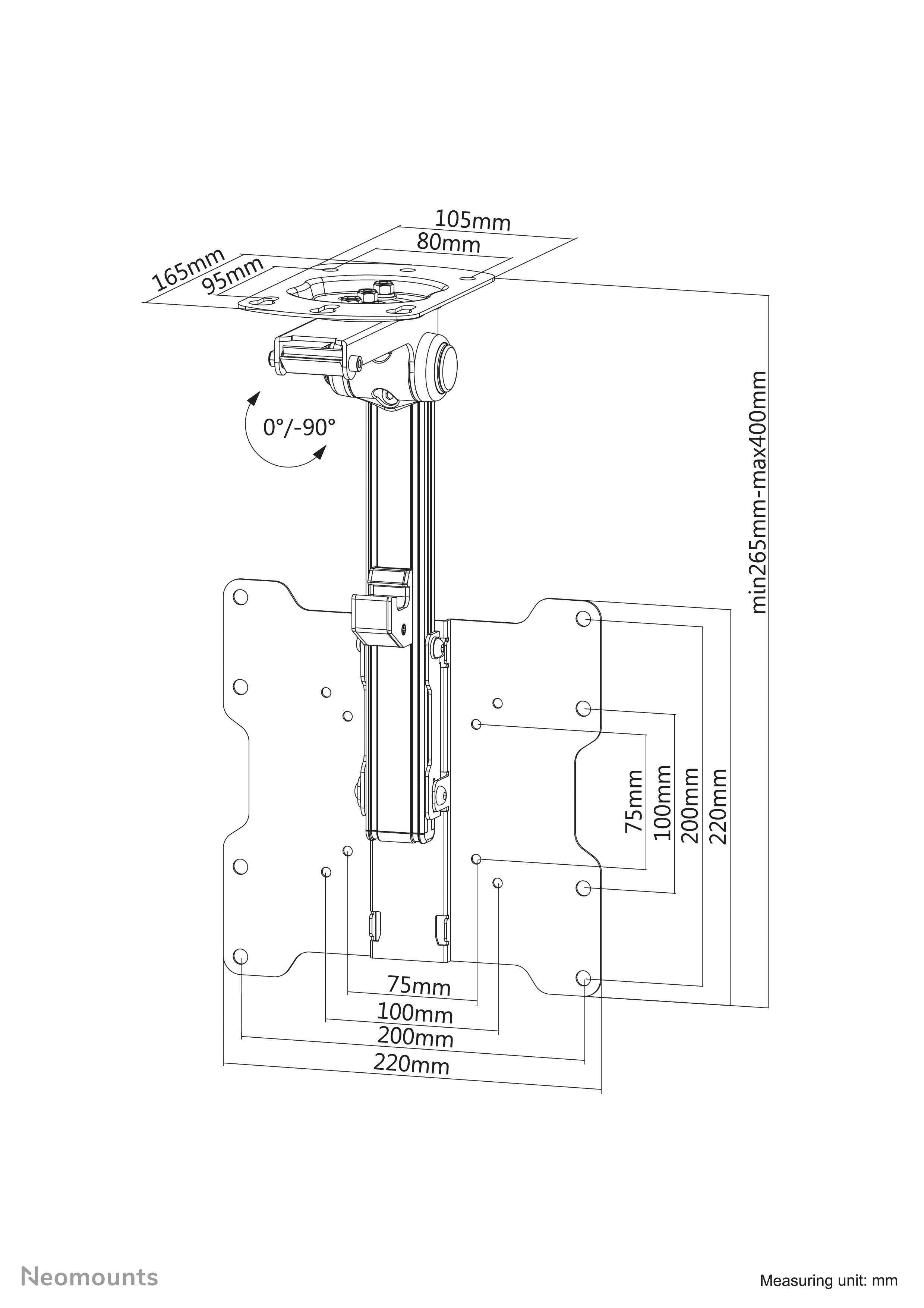 Illustration einer verstellbaren Halterung mit Maßen in mm. Gezeigt: Neigungswinkel 0°-90°, min. 265 mm bis max. 400 mm Höhe.