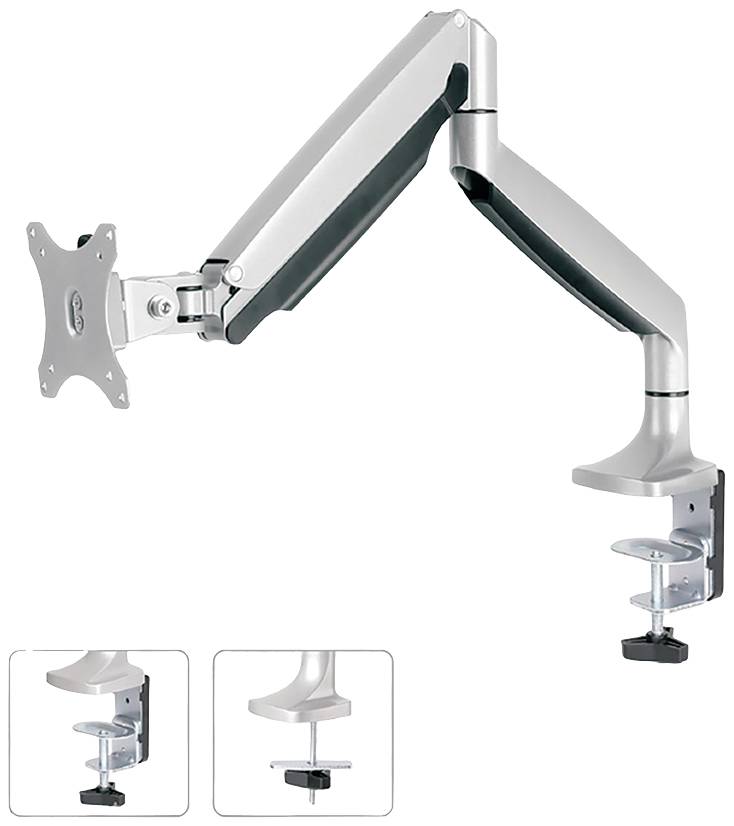 Monitorhalterung, silberfarben, einstellbarer Arm, Tischklemme zur Befestigung. Geeignet für Monitore. Anpassbare Höhe und Neigung.