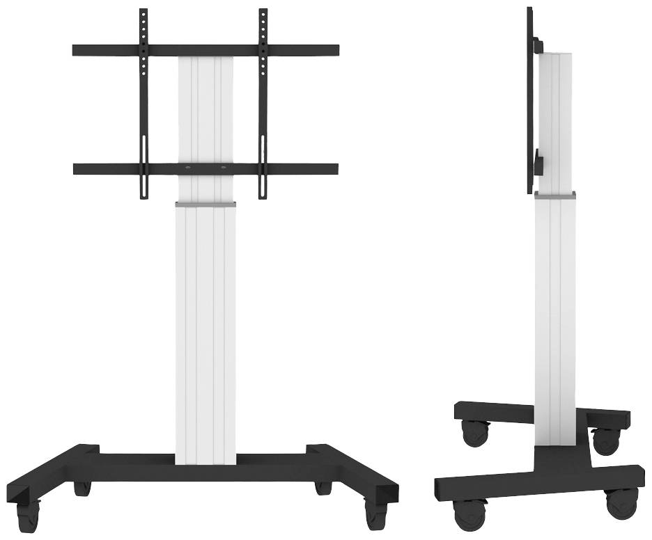 Ein mobiler TV-Ständer mit verstellbarer Halterung und Rollen. Geeignet für Präsentationen oder flexible Fernsehanordnung.