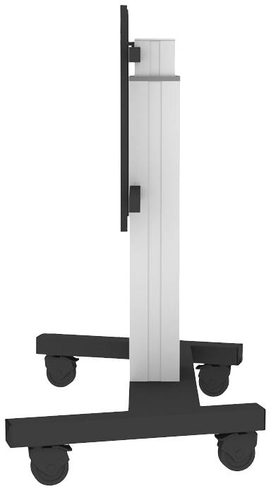 Seitenansicht eines mobilen Ständers mit Rädern, geeignet für Monitore oder Bildschirme. Er besteht aus Metall und ist höhenverstellbar.