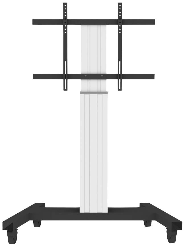 Mobiler TV-Ständer mit Rädern, höhenverstellbarem weißen Rahmen und schwarzen Halterungen, geeignet für verschiedene Bildschirmgrößen.
