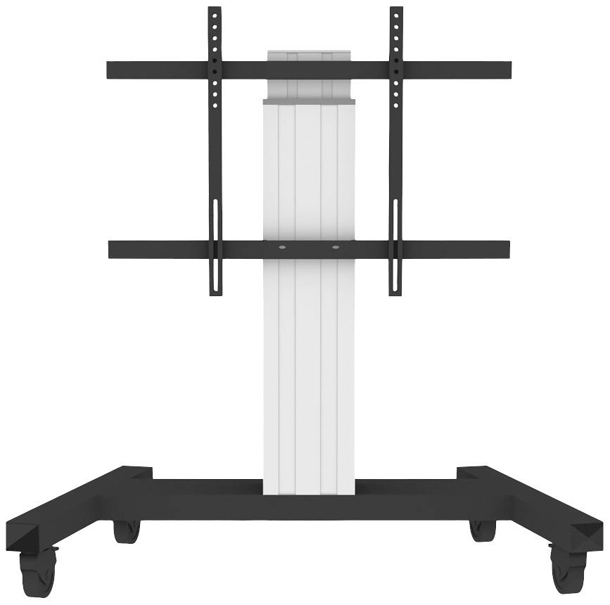 Ein höhenverstellbarer TV-Ständer auf Rollen, geeignet für große Bildschirme. Robuste Metallkonstruktion und stabile Basis.