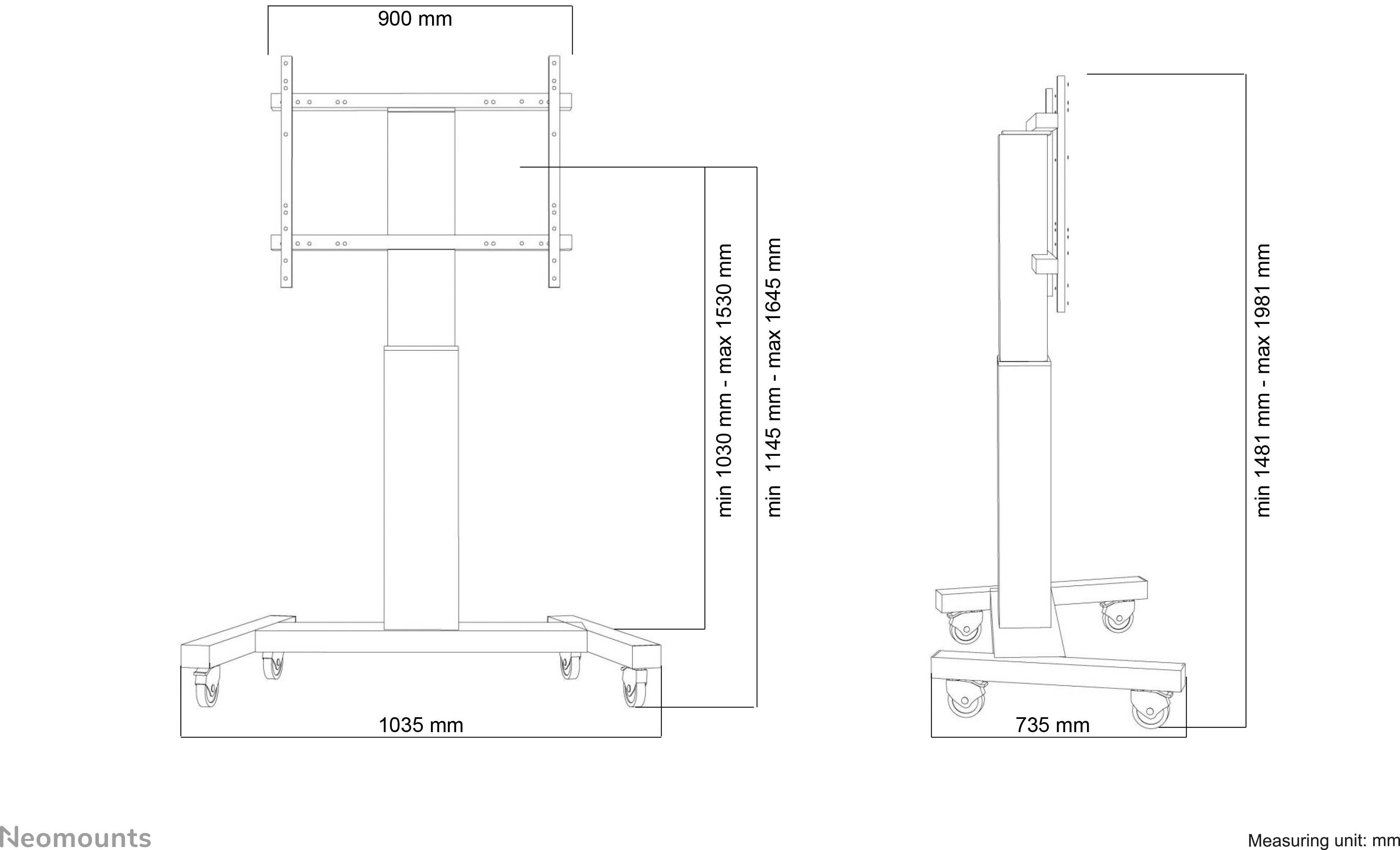Zeichnung eines rollbaren Monitorständers. Maße: Breite 900 mm, Tiefe 735 mm, einstellbare Höhe 1145-1695 mm, Gesamtbreite 1035 mm.