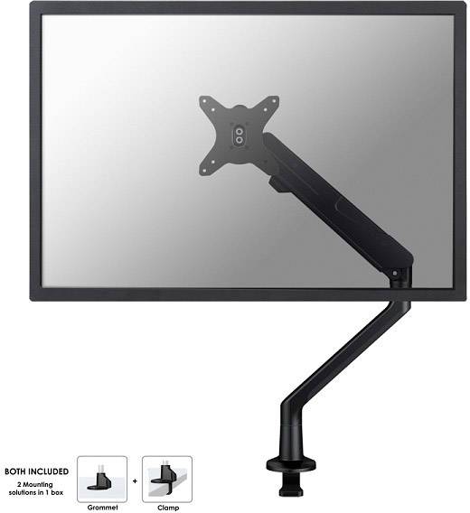Ein Monitorhalter mit verstellbarem Arm aus Metall, montiert an einem Tisch. Zwei Befestigungsoptionen: Grommet und Klemme.