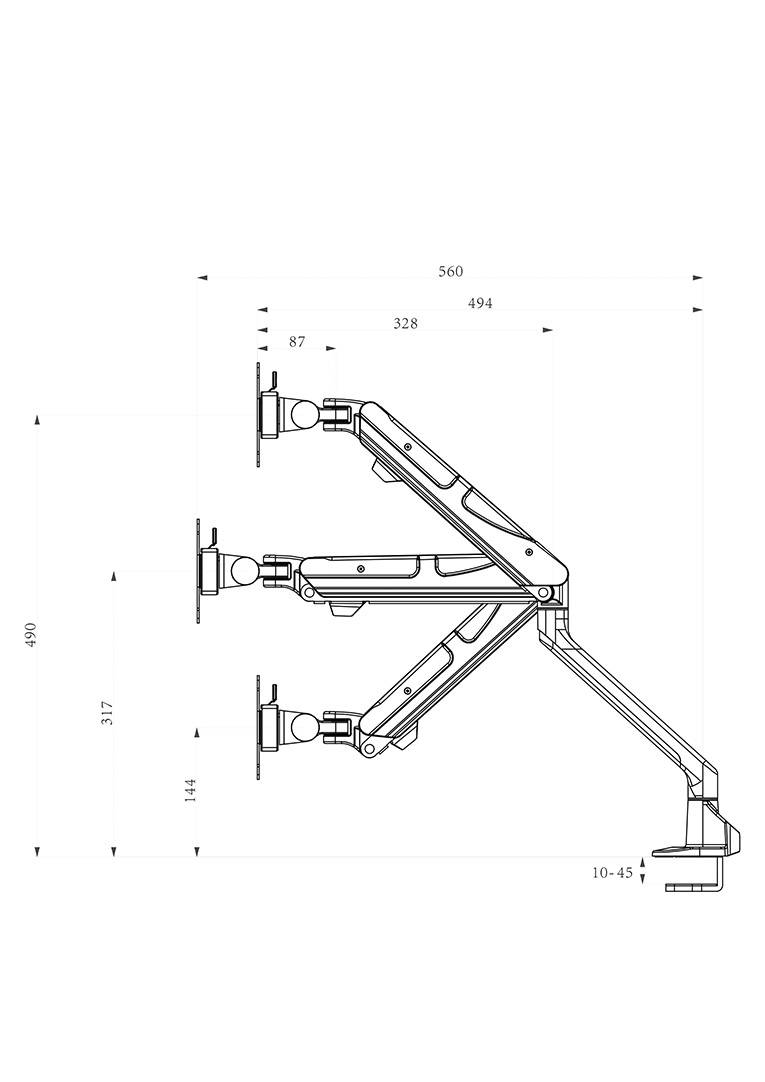 Technische Zeichnung eines verstellbaren Monitorarms mit Abmessungen: Höhe 490 mm, maximale Tiefe 560 mm. Zeigt Gelenkstellen und Befestigungspunkte.