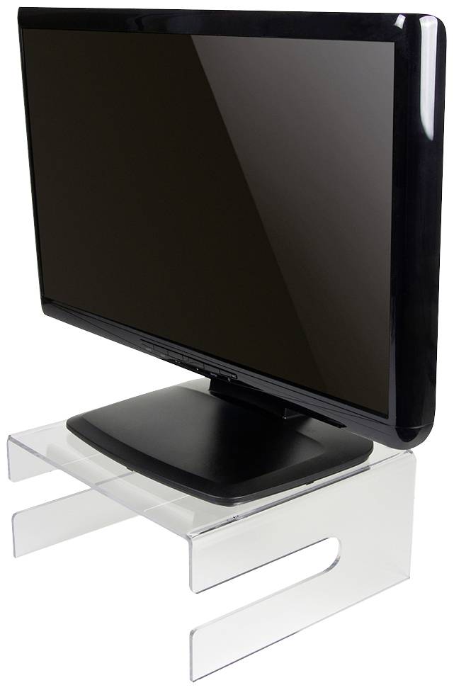 Ein flacher Computermonitor steht auf einem transparenten, minimalistisch gestalteten Monitorständer.