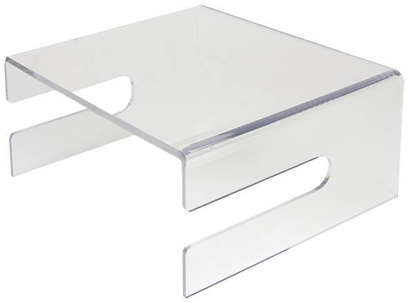 Ein transparenter, rechteckiger Laptopständer aus Acryl mit erhöhtem Rand zur besseren Belüftung und Stabilisierung.