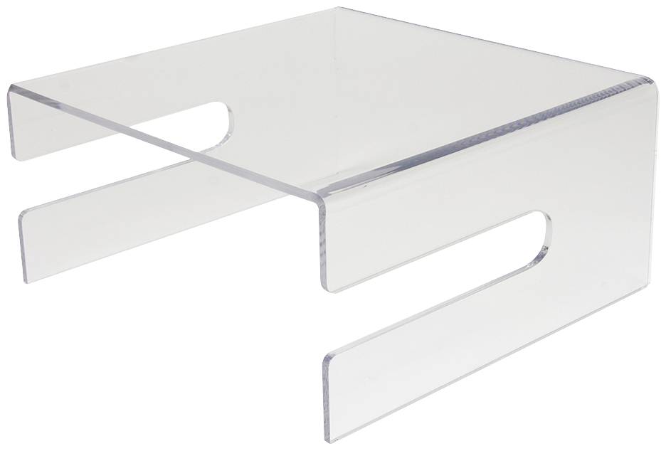 Klarer Acryl-Aufsteller in U-Form, verwendet als Regalerhöhung oder Monitorständer, um Platz zu schaffen und Gegenstände zu ordnen.